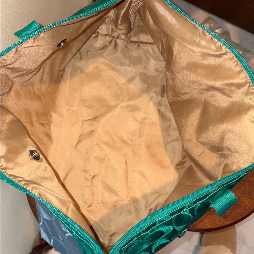 Coach Signature monogram Tote HD nylon teal light blue large shoulder bag EUC - Picture 16 of 17